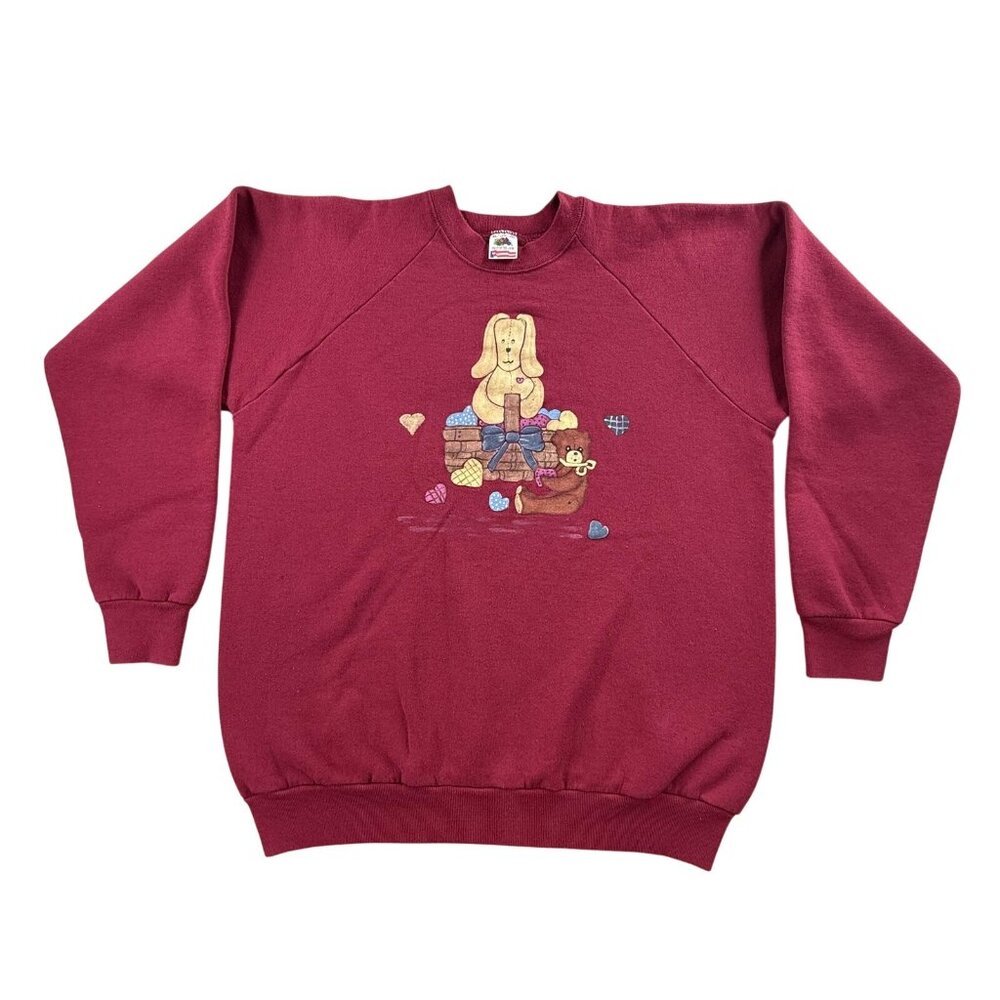 Vintage Fruit Of The Loom Sweatshirt Womens XL Red Dog Bear Hearts USA Made 90s